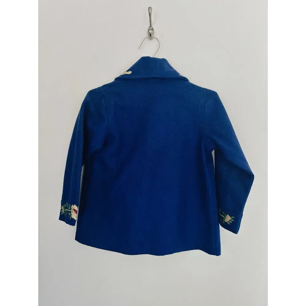 Vintage Girls Cornelloki Wool Blend Embroidered Jacket Size 7/8 Blue Floral Coat